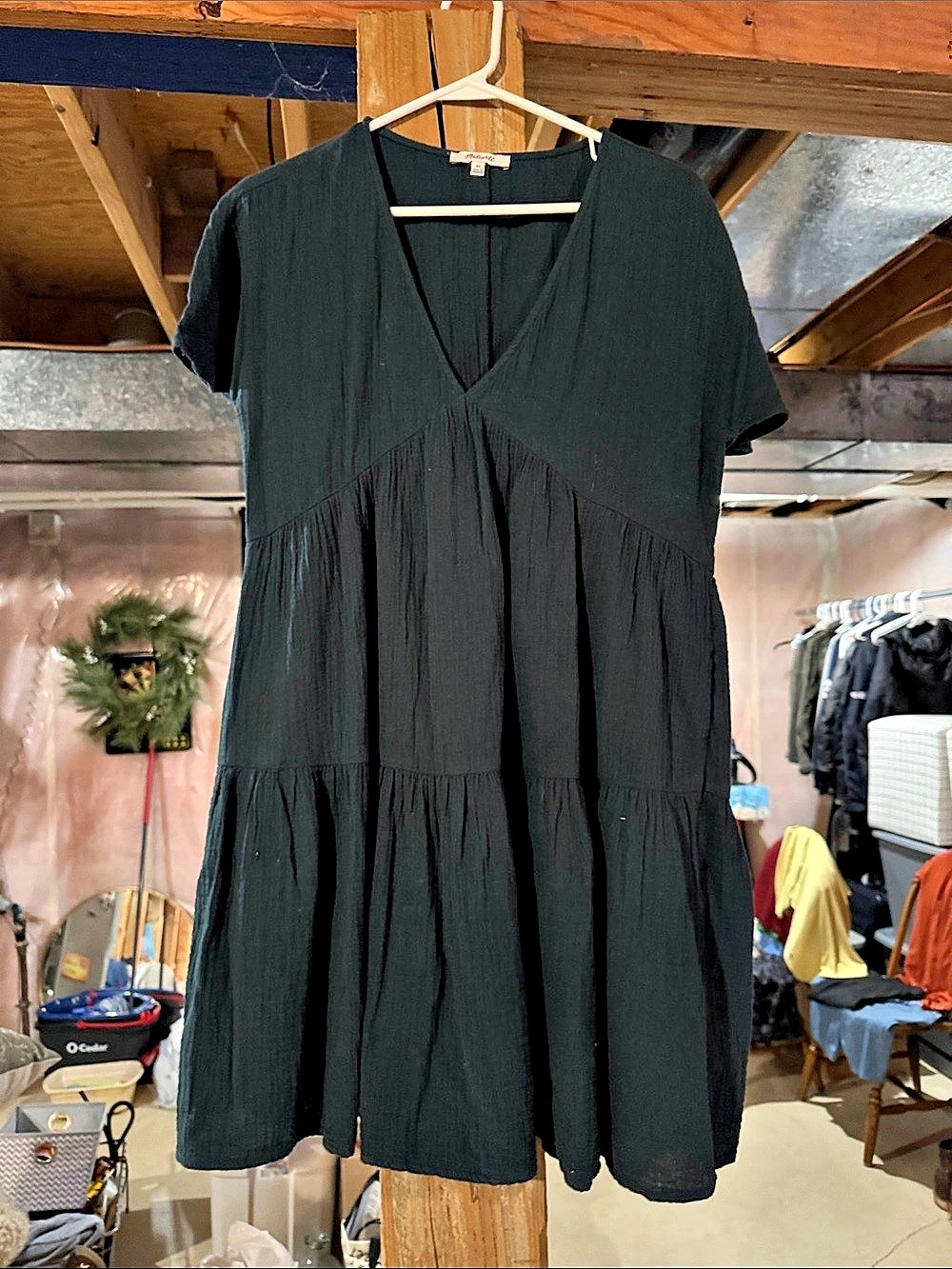 Madewell Lightspun Popover Tiered Mini Dress Forest Green XS